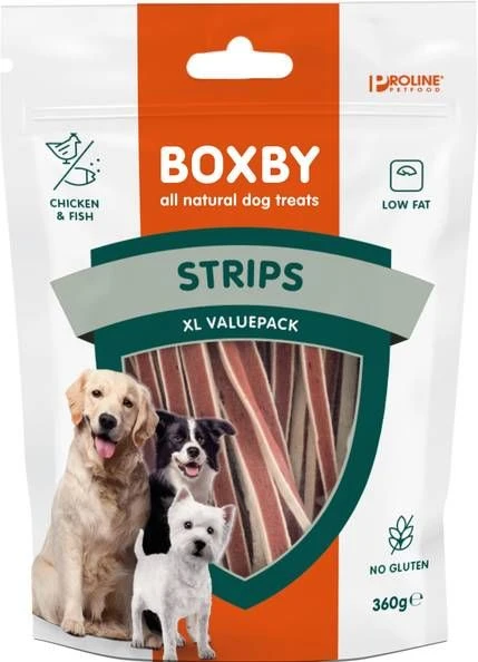 Boxby Strips Hondensnacks Vis Kip 360 G Valuepack 3 Boxby Strips Hondensnacks Vis Kip 360 G Valuepack