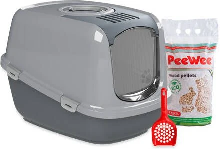 PeeWee EcoDome XXL Grijs +3 Kg Houtkorrels +Schepje, Kattenbak Combideal 4 PeeWee EcoDome XXL Grijs +3 Kg Houtkorrels +Schepje, Kattenbak Combideal - Afbeelding 2